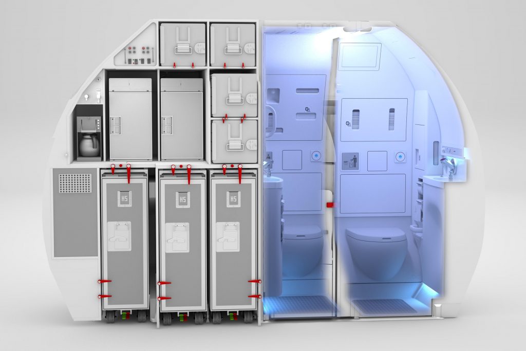 a white and grey airplane with a toilet and lockers