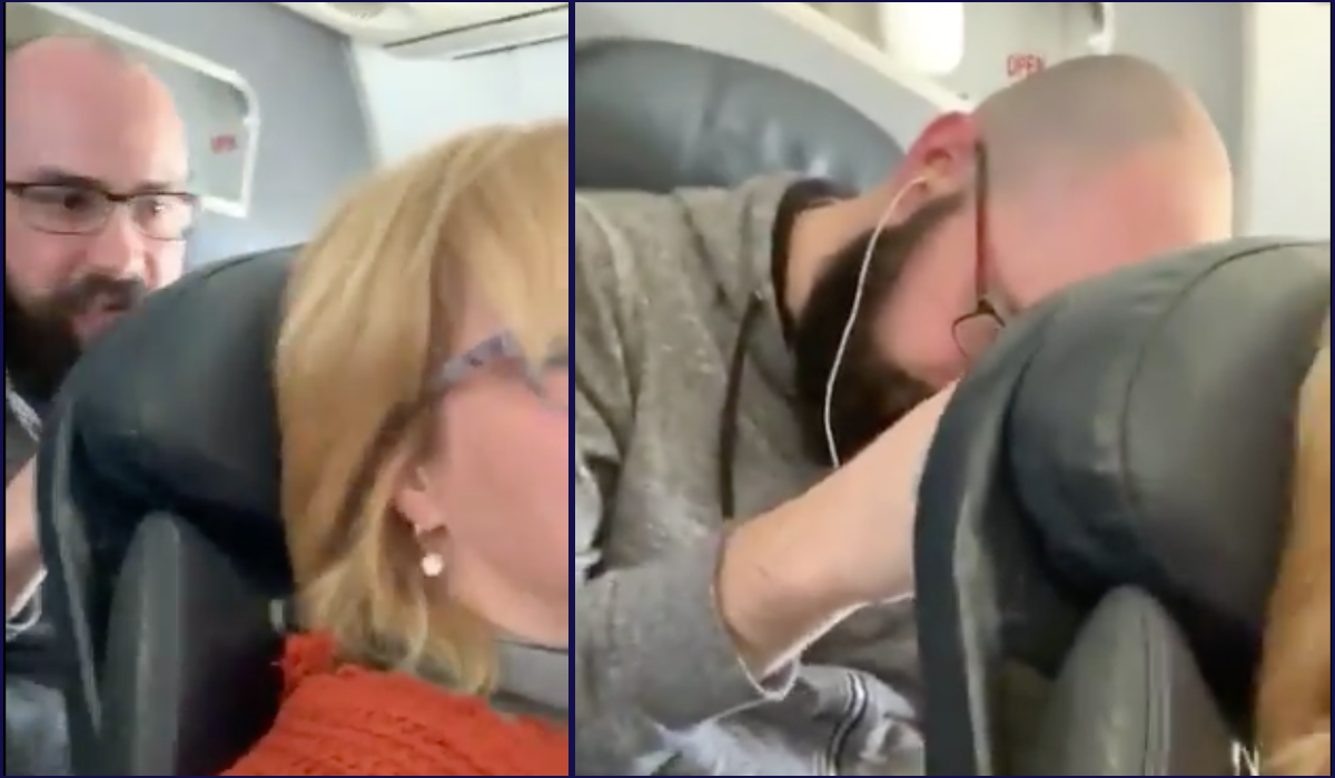 a man and woman sleeping on an airplane