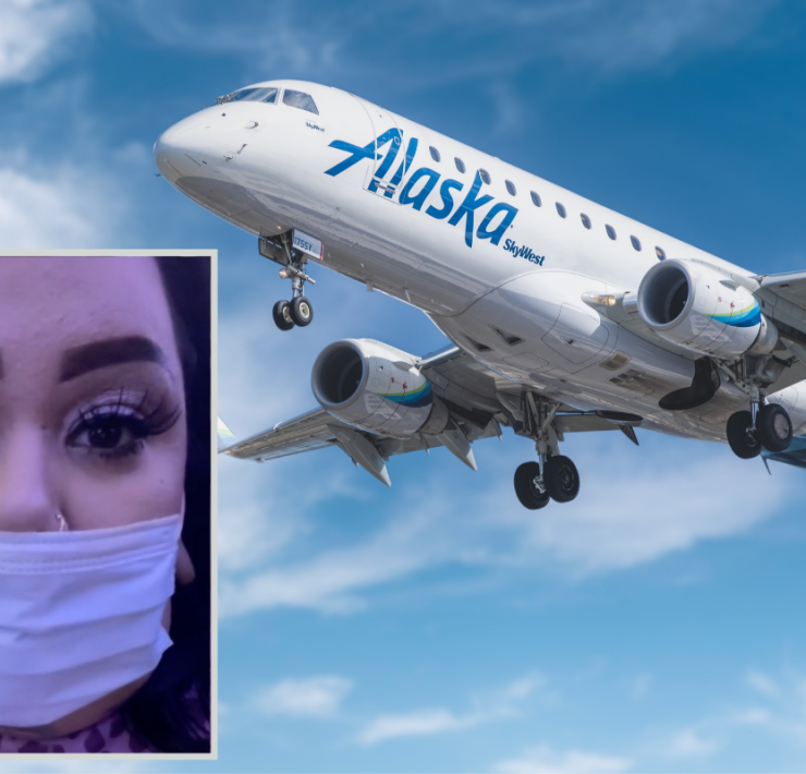 a woman wearing a mask and a plane