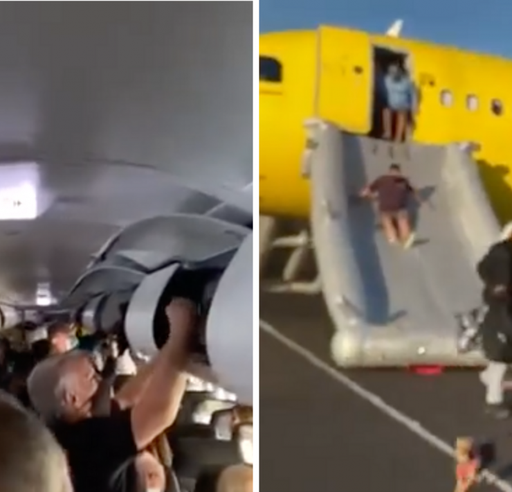 a group of people on a slide going down an airplane