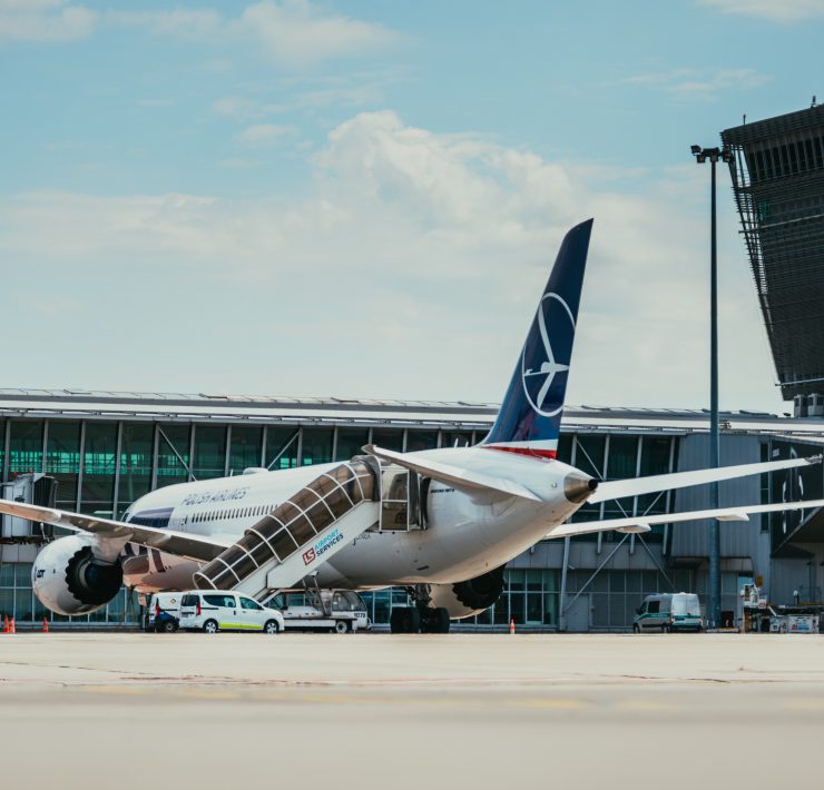 an airplane with stairs going up to it