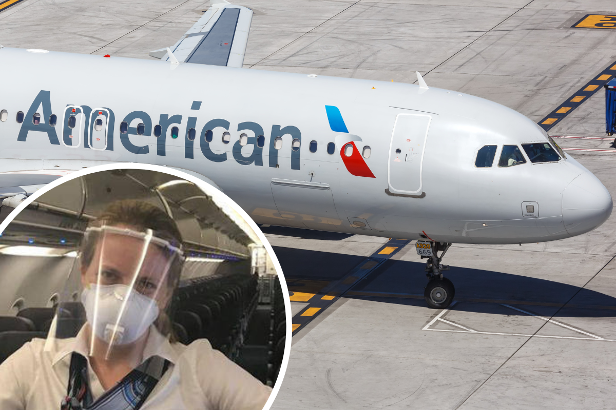 a woman wearing a face mask and a plane