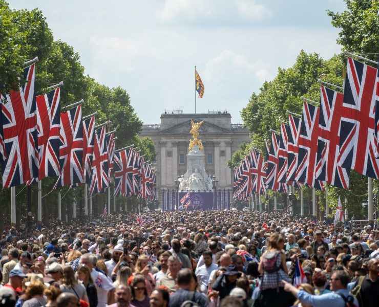 a large crowd of people walking down a street with flags with The Mall, London in the background