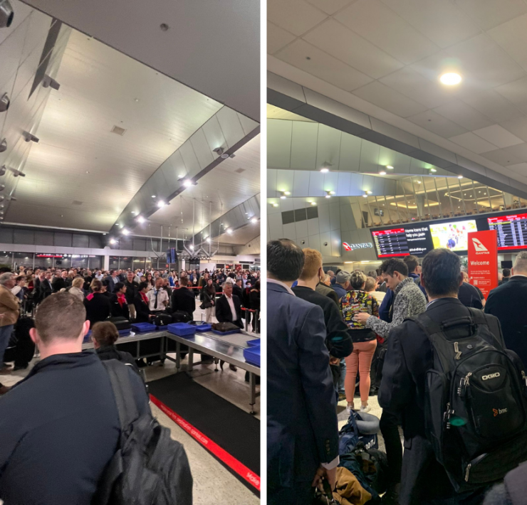 a collage of people in a large room