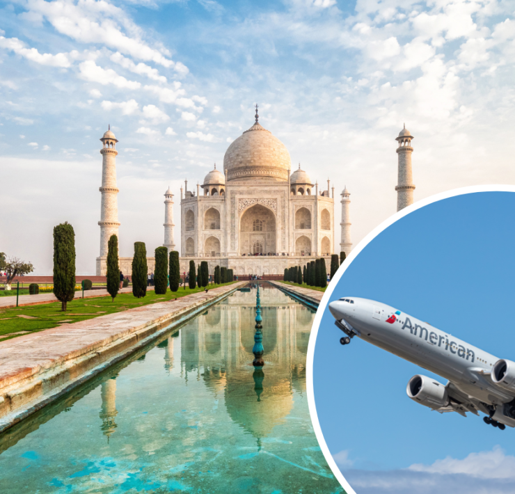 a plane flying over Taj Mahal