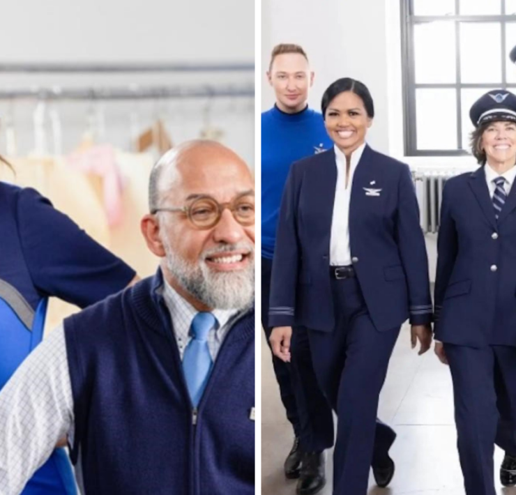 a collage of a man and a woman wearing blue uniforms