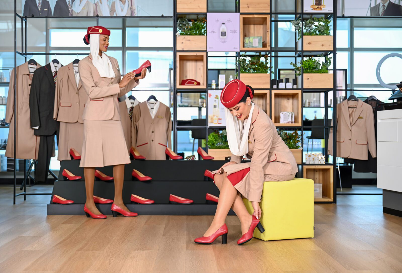 a woman sitting on a yellow box with red shoes