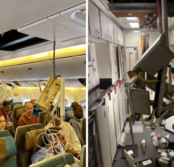 a collage of a plane with a medical device attached to the ceiling