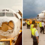 a collage of a plane with a damaged front end