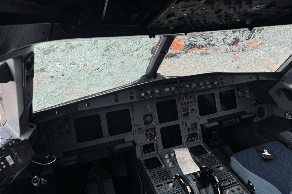 the cockpit of an airplane with broken windshield