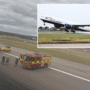 a plane and firetrucks on a runway