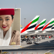 a woman in a red hat and a red hat on a runway with airplanes