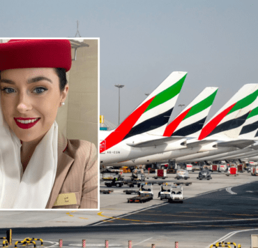 a woman in a red hat and a red hat on a runway with airplanes