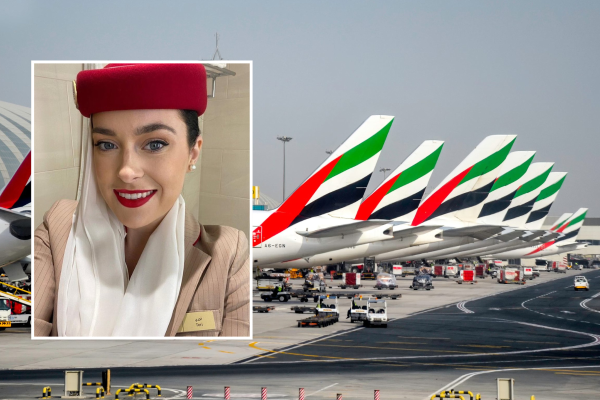 a woman in a red hat and a red hat on a runway with airplanes