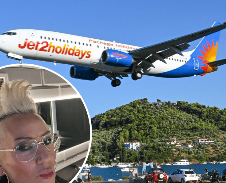 a woman taking a selfie and a plane flying over a body of water