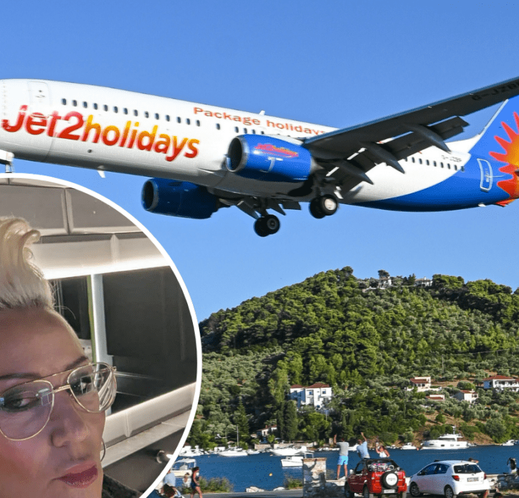 a woman taking a selfie and a plane flying over a body of water