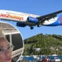 a woman taking a selfie and a plane flying over a body of water