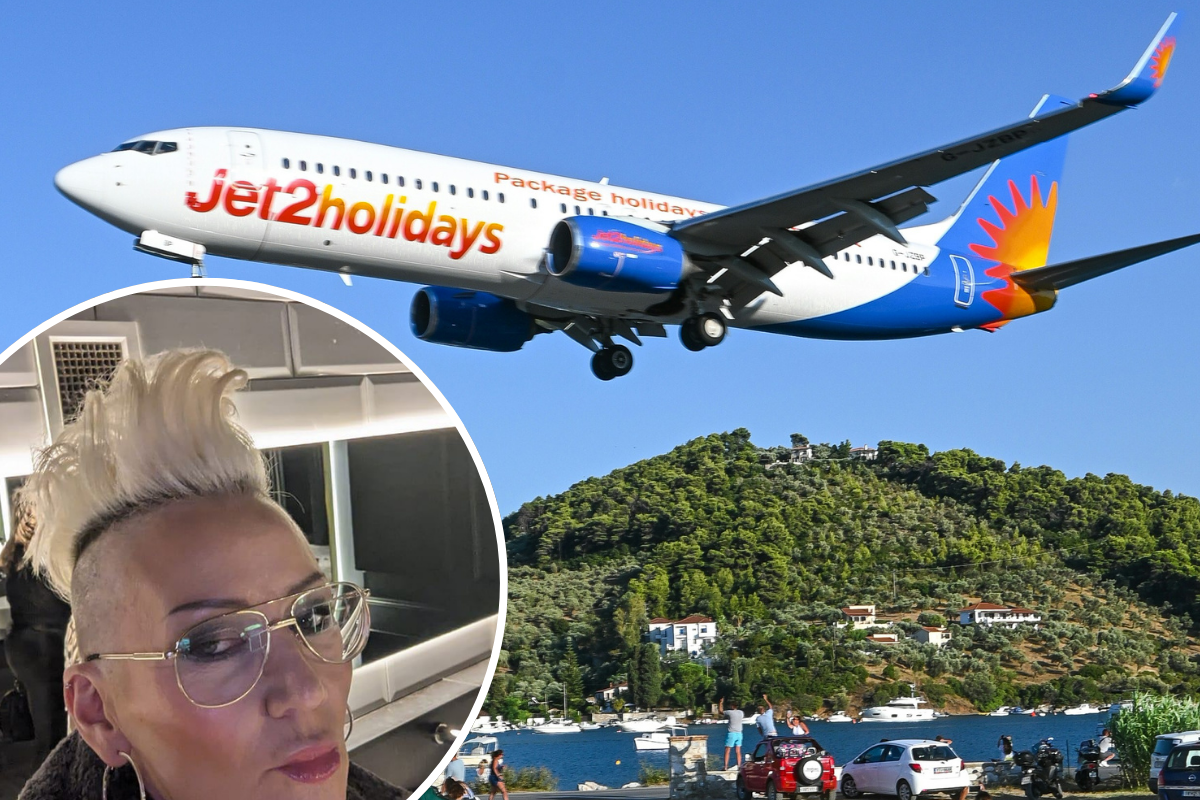 a woman taking a selfie and a plane flying over a body of water