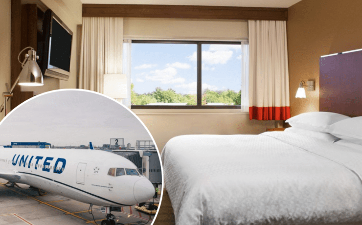 a bed with a white bed and a white bed with a white bed and a white bed with a blue and white airplane in the background