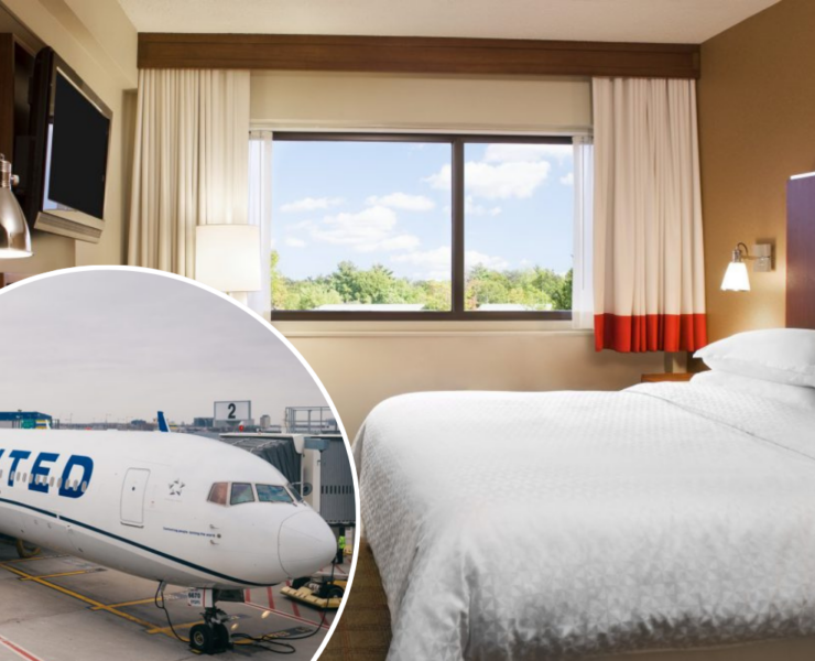 a bed with a white bed and a white bed with a white bed and a white bed with a blue and white airplane in the background