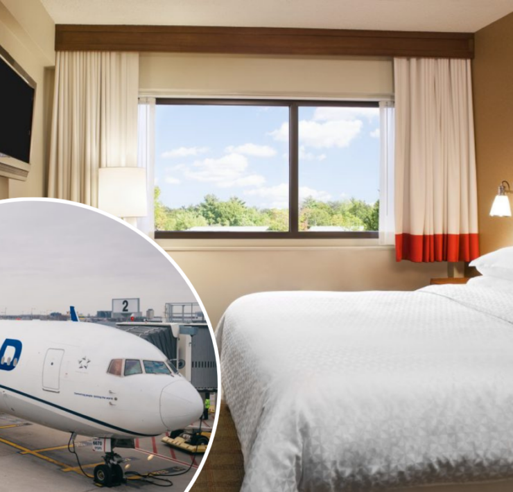 a bed with a white bed and a white bed with a white bed and a white bed with a blue and white airplane in the background