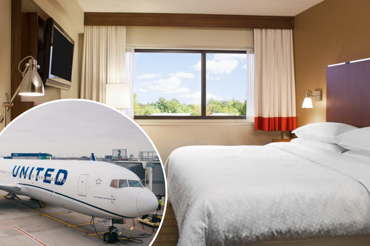 a bed with a white bed and a white bed with a white bed and a white bed with a blue and white airplane in the background