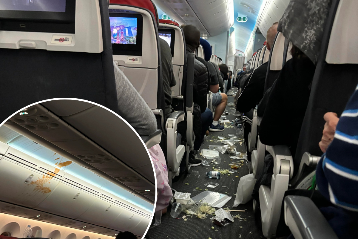 a group of people sitting on an airplane