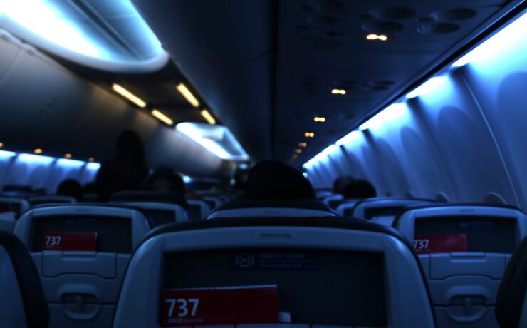 an airplane with seats and lights