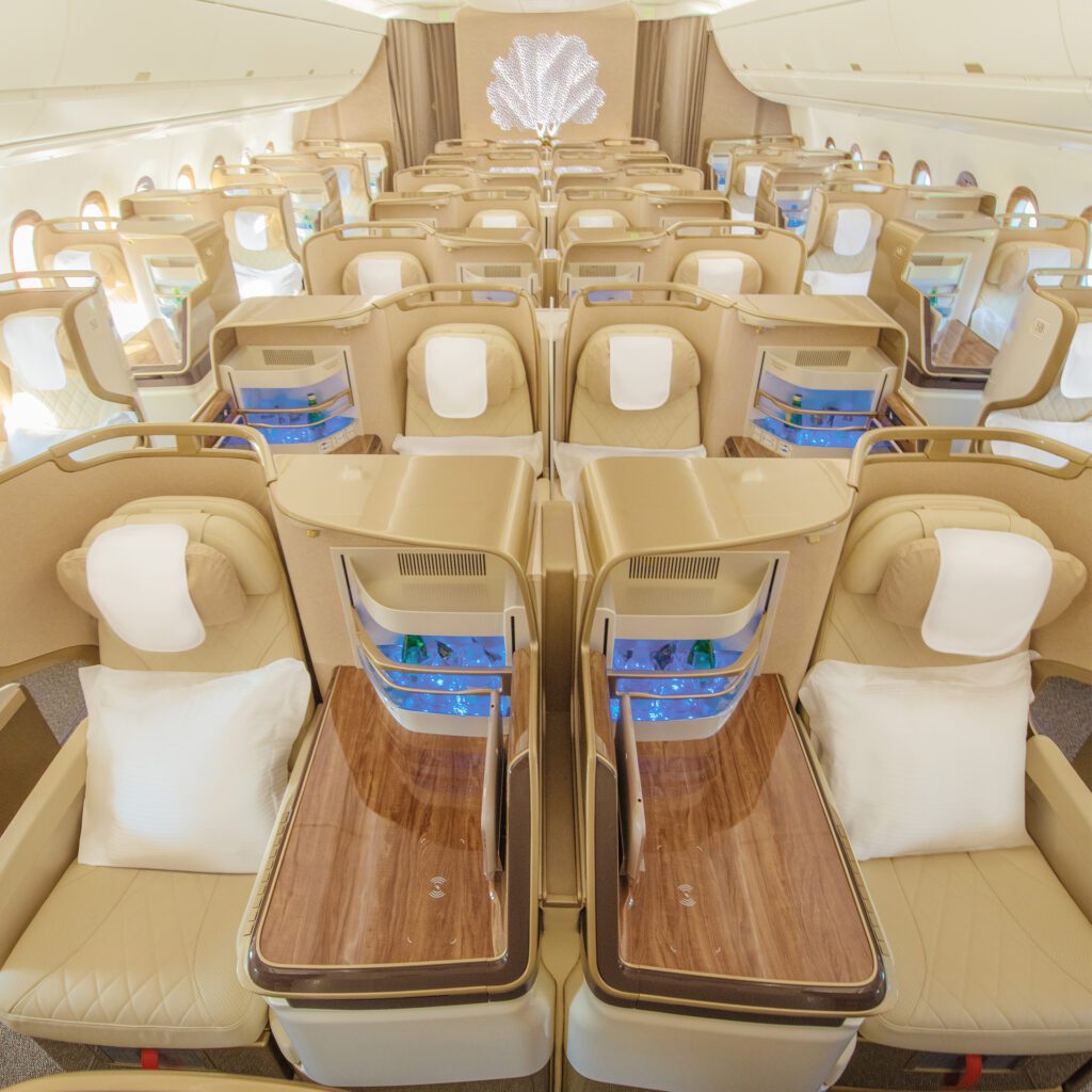 a plane with seats and tables