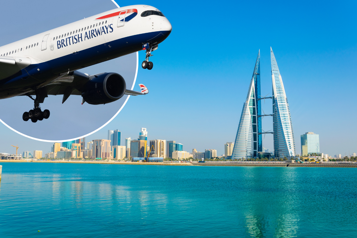 a plane flying over water and a city