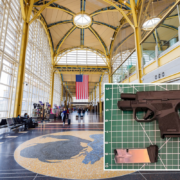 a gun on a mat in a building