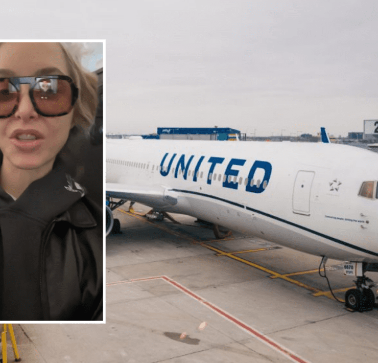 a woman taking a selfie in front of an airplane