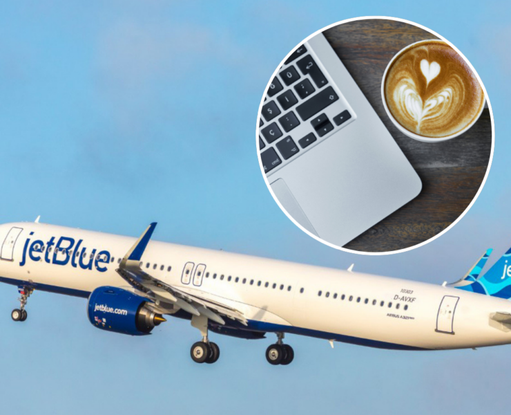 a plane flying in the sky with a laptop and a cup of coffee