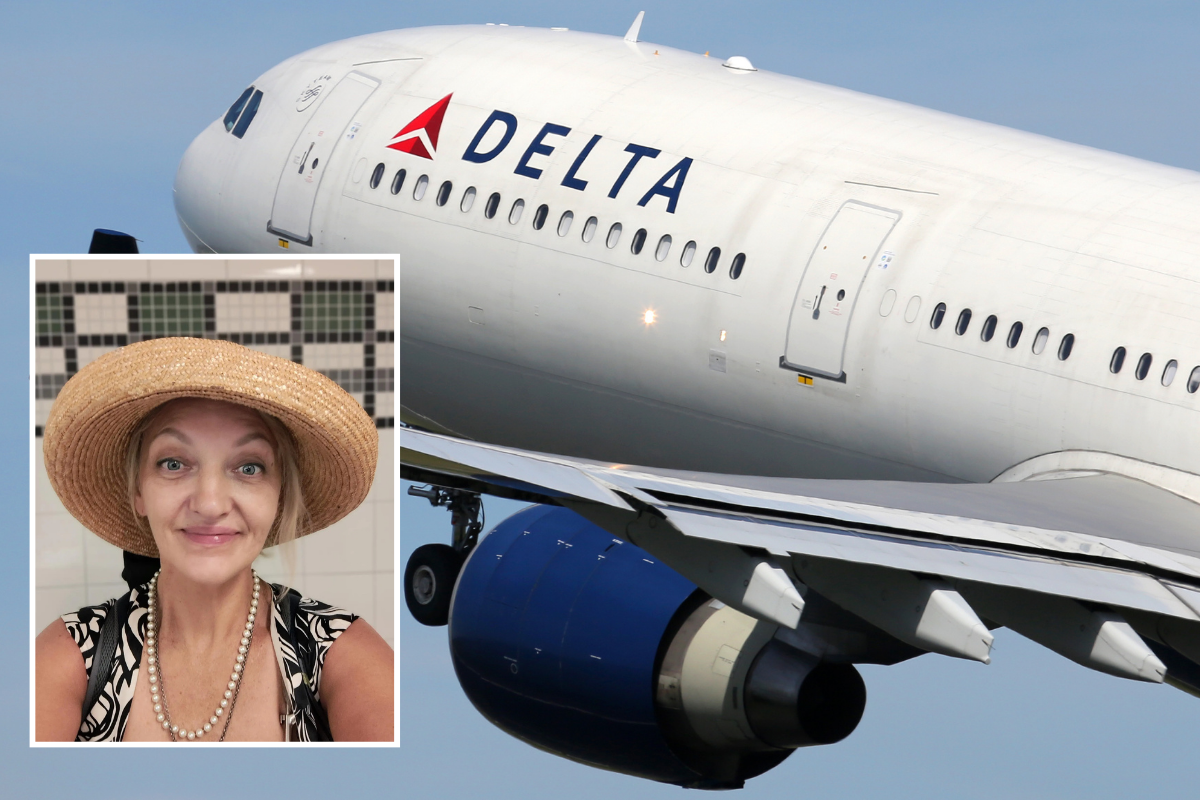 a woman in a hat and a plane