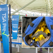 a blue bag with yellow guns inside