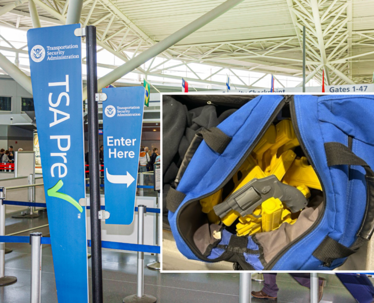 a blue bag with yellow guns inside