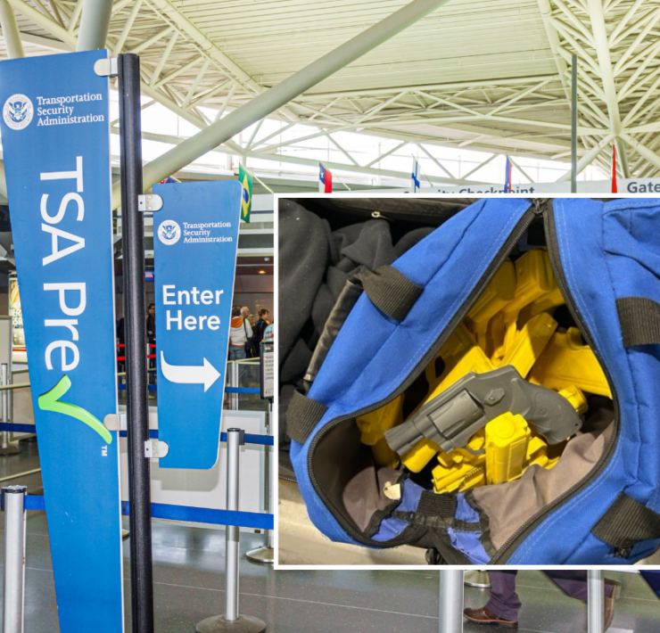 a blue bag with yellow guns inside