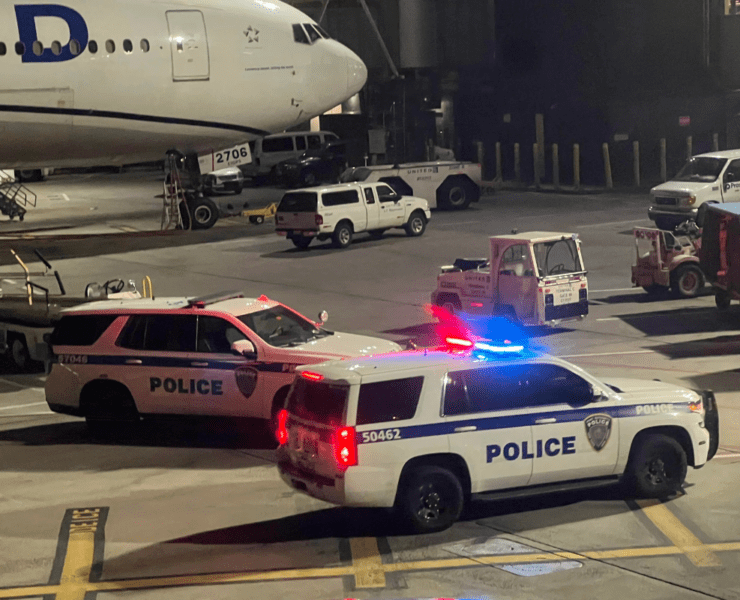 police cars parked on a tarmac at night