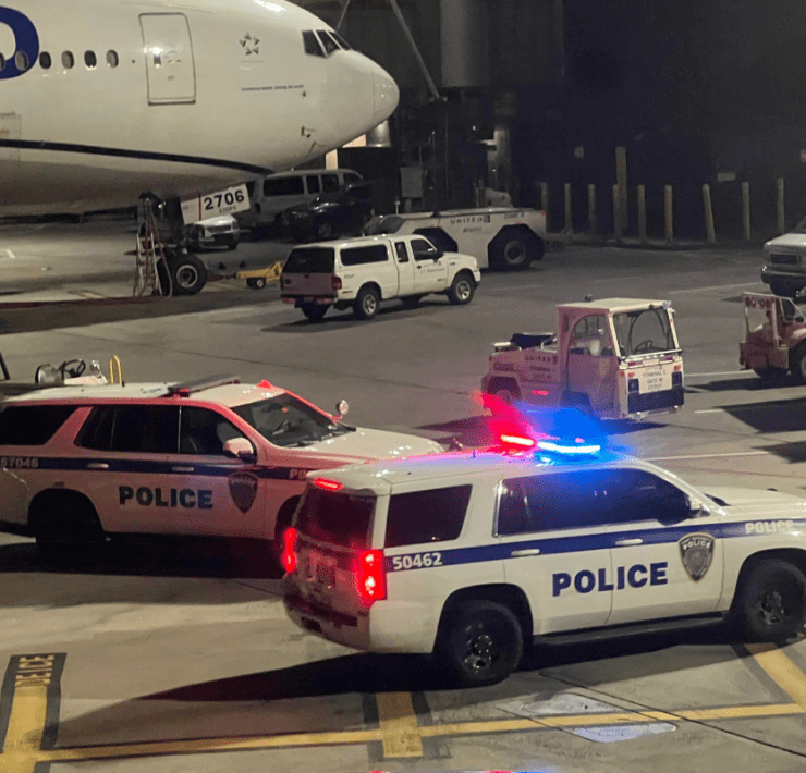 police cars parked on a tarmac at night