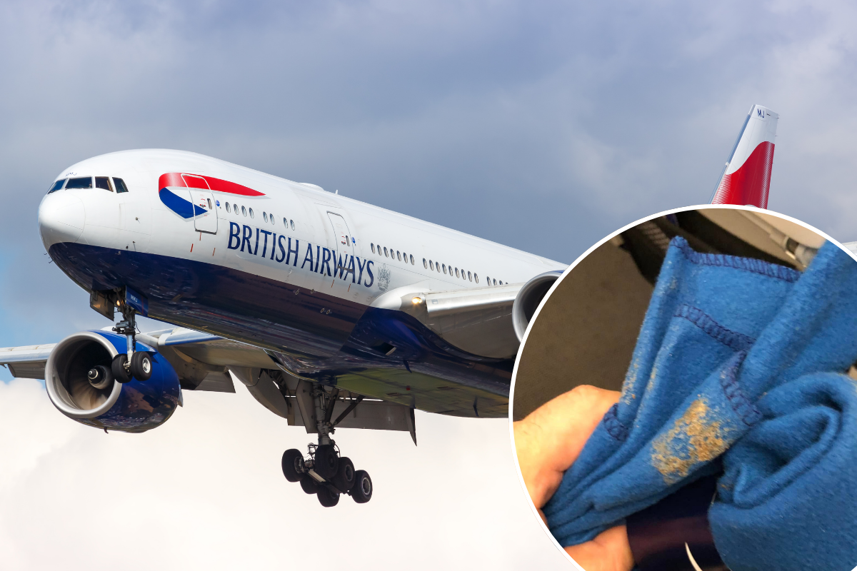 a blue and white airplane with a blue cloth from the ground