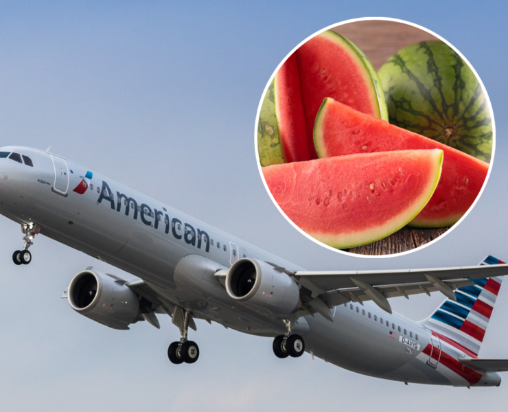 a plane flying in the sky with watermelons