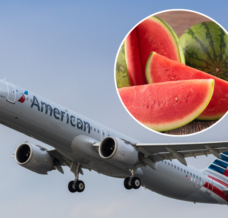 a plane flying in the sky with watermelons