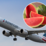 a plane flying in the sky with watermelons