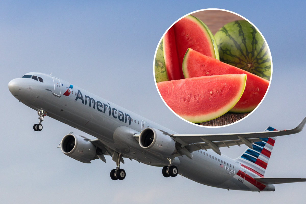 a plane flying in the sky with watermelons