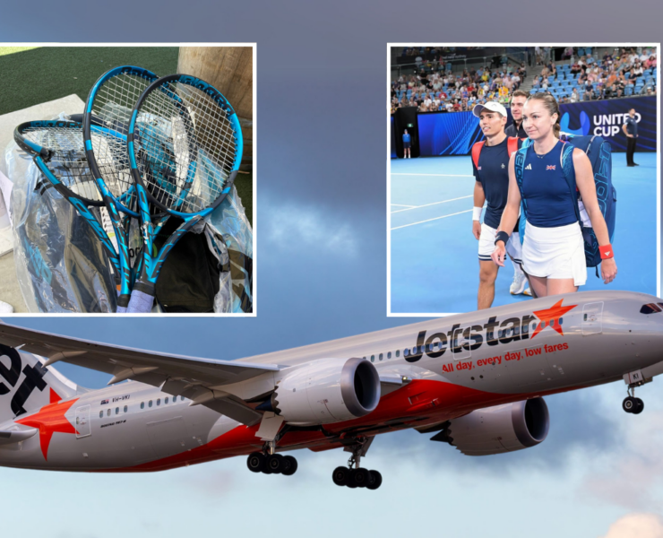 a plane with tennis rackets and people in the background