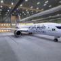 a large white airplane in a hangar