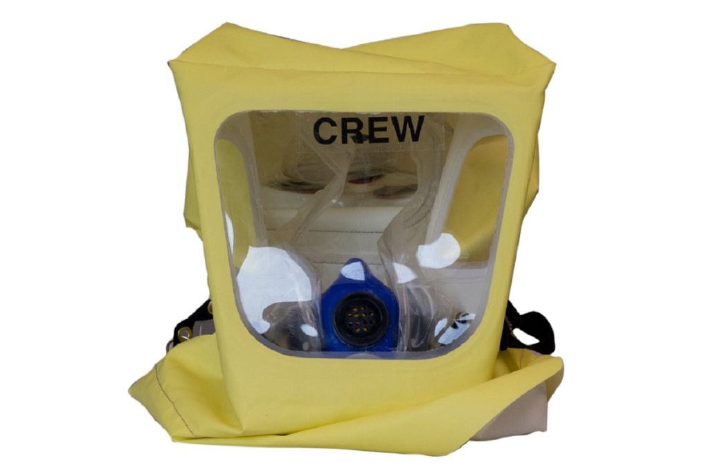 a yellow protective mask with a blue circle in it