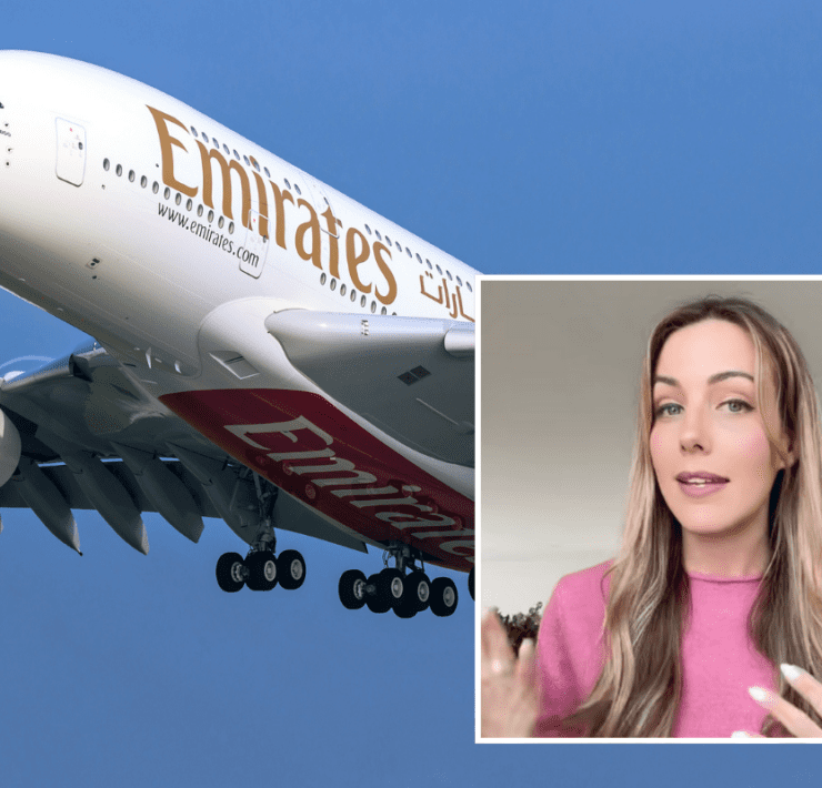 a woman in pink shirt and a plane